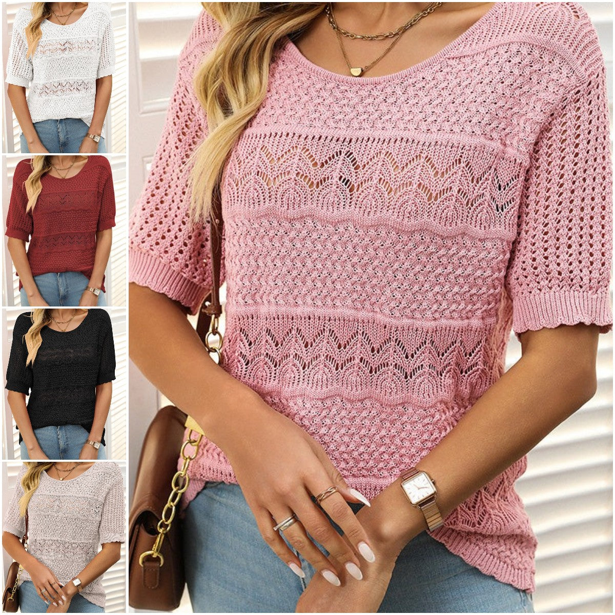 🔥【Nowy produkt letni】✨Damska koszulka z okrągłym dekoltem w jednolitym kolorze, miękka i wygodna, oddychająca, pusta siateczka