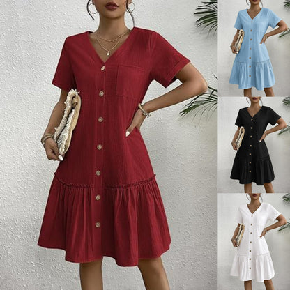 👗🎁 【S-2XL】2025 lato nowy styl modna luźna jednokolorowa sukienka z krótkim rękawem z bawełny i lnu zapinana na guziki