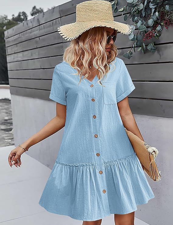 👗🎁 【S-2XL】2025 lato nowy styl modna luźna jednokolorowa sukienka z krótkim rękawem z bawełny i lnu zapinana na guziki