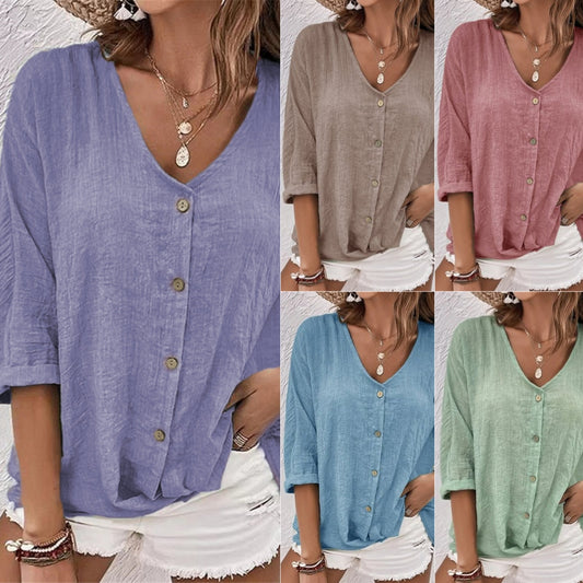 🌷✨【Rebajas de verano--50%off】【S-5XL】Camisa casual suelta con cuello en V para mujer, Tejido suave, transpirable y cómodo.
