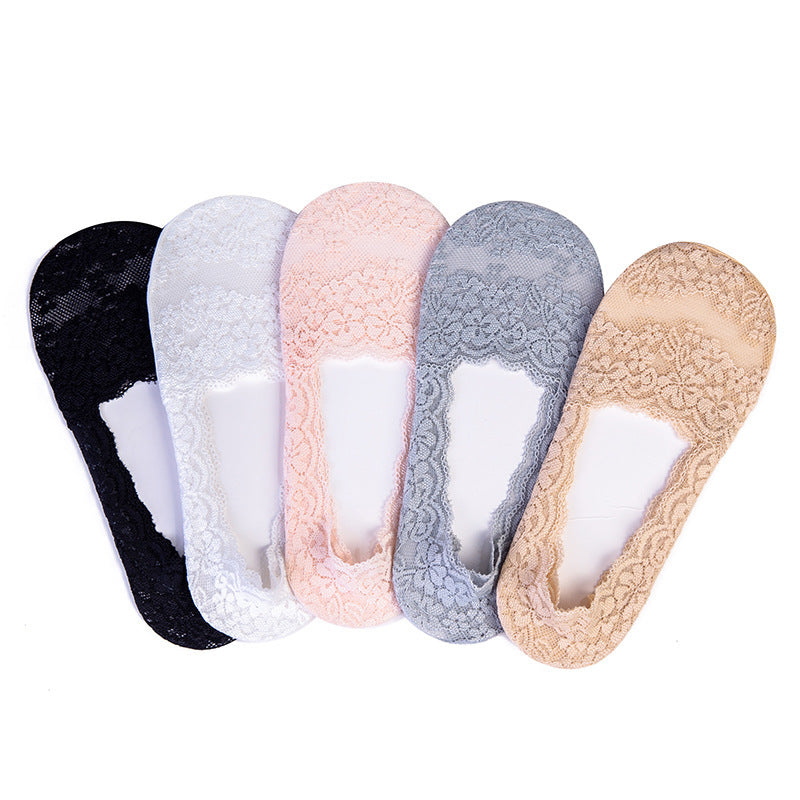 👑【Set de 10 piese】🩰Șosete invizibile din bumbac, cu dantelă elegantă și talpă antiderapantă, respirabil și absorbant de transpirație