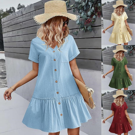 👗🎁 【S-2XL】2025 lato nowy styl modna luźna jednokolorowa sukienka z krótkim rękawem z bawełny i lnu zapinana na guziki