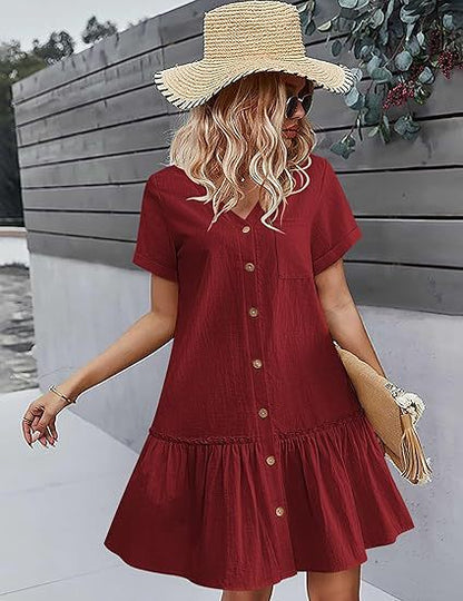 👗🎁 【S-2XL】2025 lato nowy styl modna luźna jednokolorowa sukienka z krótkim rękawem z bawełny i lnu zapinana na guziki