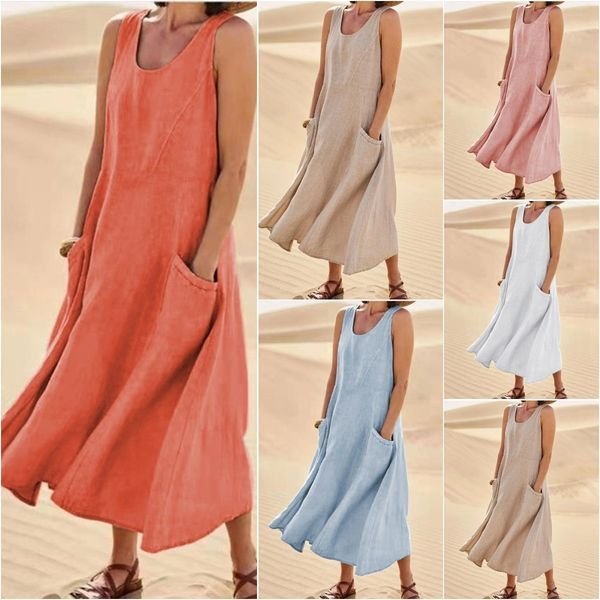 🌈👗【S-5XL】Lato 2025, nowa, elegancka, jednokolorowa sukienka bez rękawów z okrągłym dekoltem, wykonana z bawełny i lnu.