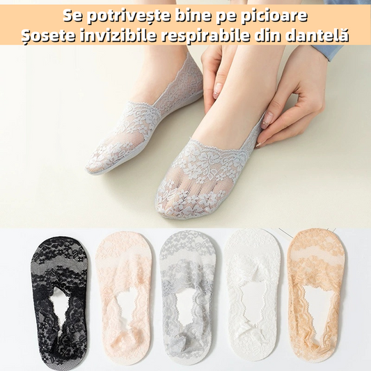 👑【Set de 10 piese】🩰Șosete invizibile din bumbac, cu dantelă elegantă și talpă antiderapantă, respirabil și absorbant de transpirație