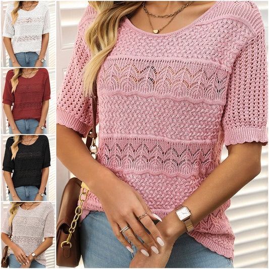🔥【Nowy produkt letni】✨Damska koszulka z okrągłym dekoltem w jednolitym kolorze, miękka i wygodna, oddychająca, pusta siateczka