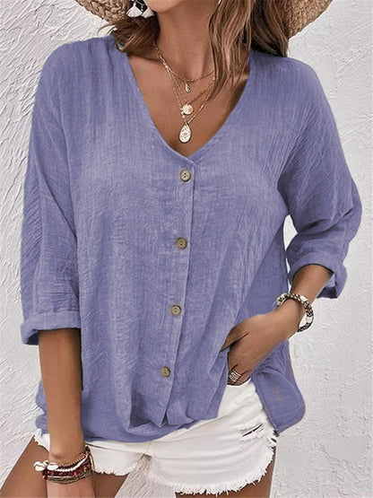 🌷✨【Rebajas de verano--50%off】【S-5XL】Camisa casual suelta con cuello en V para mujer, Tejido suave, transpirable y cómodo.