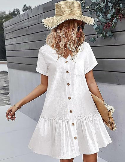 👗🎁 【S-2XL】2025 lato nowy styl modna luźna jednokolorowa sukienka z krótkim rękawem z bawełny i lnu zapinana na guziki