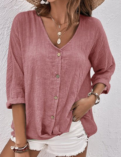 🌷✨【Rebajas de verano--50%off】【S-5XL】Camisa casual suelta con cuello en V para mujer, Tejido suave, transpirable y cómodo.