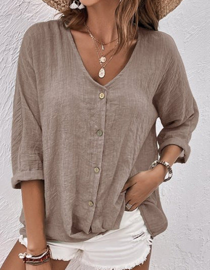 🌷✨【Rebajas de verano--50%off】【S-5XL】Camisa casual suelta con cuello en V para mujer, Tejido suave, transpirable y cómodo.
