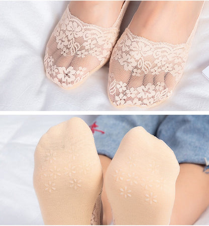 👑【Set de 10 piese】🩰Șosete invizibile din bumbac, cu dantelă elegantă și talpă antiderapantă, respirabil și absorbant de transpirație