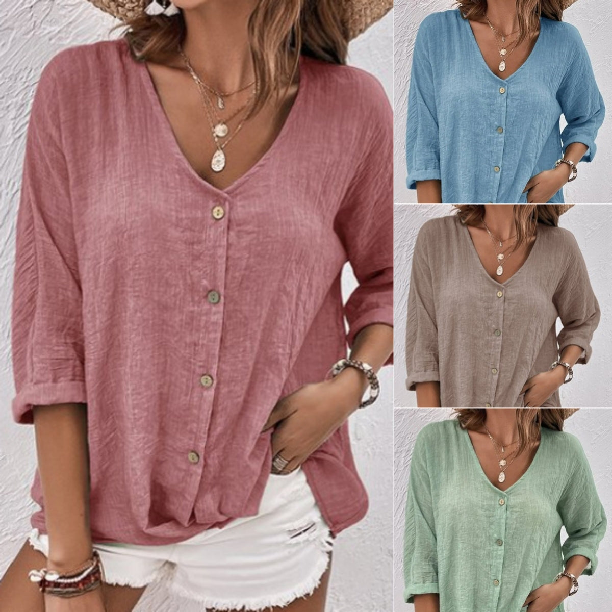 🌷✨【Rebajas de verano--50%off】【S-5XL】Camisa casual suelta con cuello en V para mujer, Tejido suave, transpirable y cómodo.