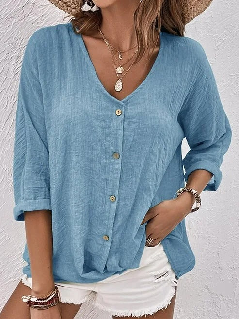 🌷✨【Rebajas de verano--50%off】【S-5XL】Camisa casual suelta con cuello en V para mujer, Tejido suave, transpirable y cómodo.