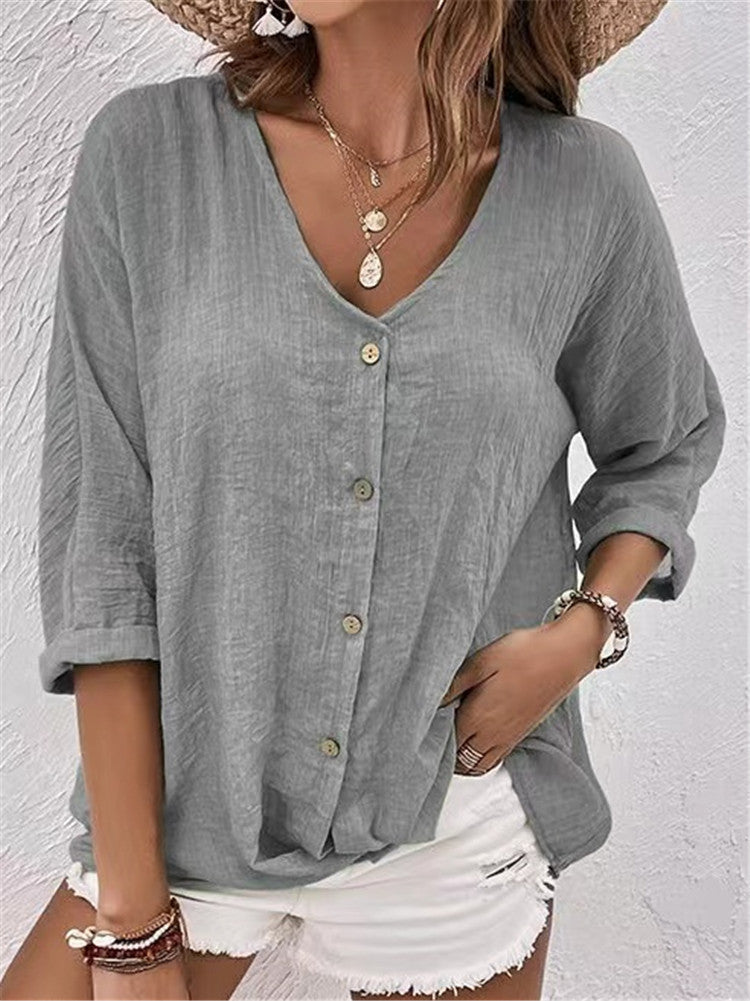 🌷✨【Rebajas de verano--50%off】【S-5XL】Camisa casual suelta con cuello en V para mujer, Tejido suave, transpirable y cómodo.
