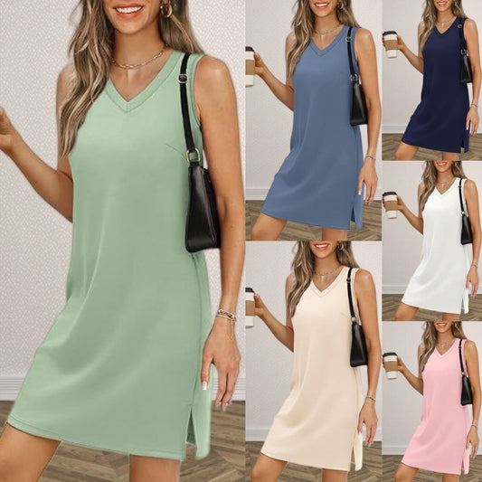 👗💟【S-2XL】2025 lato nowy swobodny jednolity kolor sukienka bez rękawów z dekoltem w serek z rozcięciem u dołu, wygodna i oddychająca