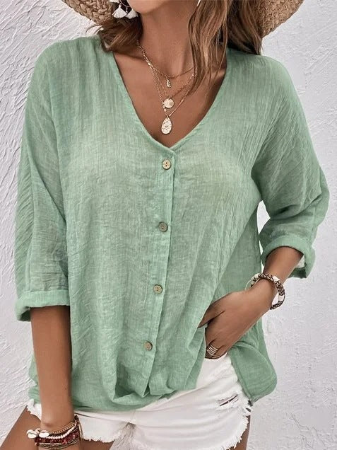 🌷✨【Rebajas de verano--50%off】【S-5XL】Camisa casual suelta con cuello en V para mujer, Tejido suave, transpirable y cómodo.