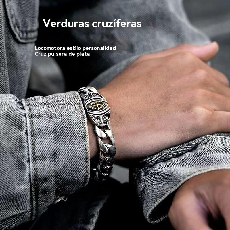 ✨【Hecho de plata de ley】🔥Pulsera vintage con patrón de la suerte para hombre, estilo punk urbano, hecha a mano, apariencia única